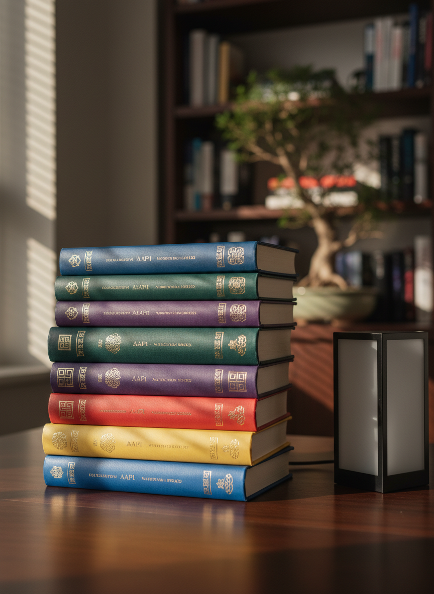 A neatly stacked tower of AAPI-authored hardcover books forms the central focus, their spines displaying a range of jewel-toned colors with subtle metallic foiling and intricate patterns inspired by East and Southeast Asian motifs. The books rest on a smooth, dark walnut desk beside a minimalist lantern-shaped frosted glass lamp, unlit. In the background, a softly blurred bookshelf holds more neatly arranged titles and a single bonsai tree. Late afternoon natural light filters in from an unseen window, casting gentle, directional shadows and luminous highlights on the book edges. Photographic realism, shot at eye level with a shallow depth of field, creates a calm, professional atmosphere that emphasizes care, curation, and illumination of AAPI stories.